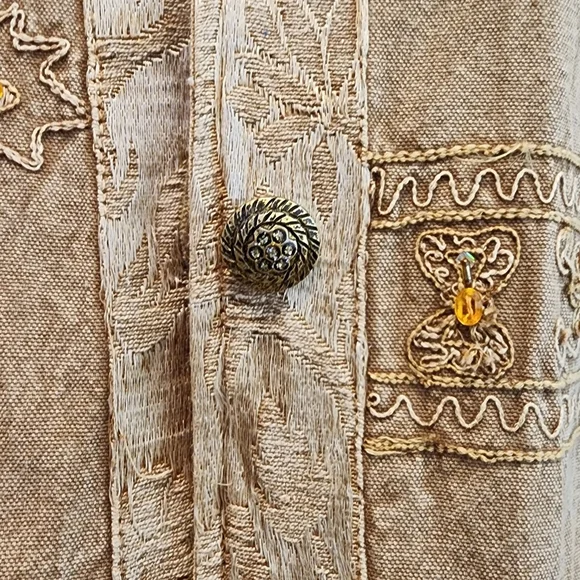 FLASHBACK Jacket Brown/Gold Embroidery Rhinestones Buttons Pockets Size Large